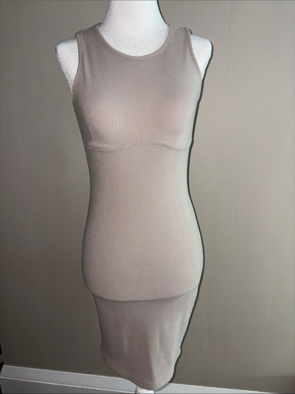 Goodnight Macaroon - Sleeveless Ribbed Bodycon Midi Dress - Soft Taupe